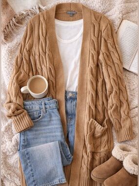 Jessica London Camel Cable Knit Cardigan Medium Long Cozy Fall Sweater Pockets